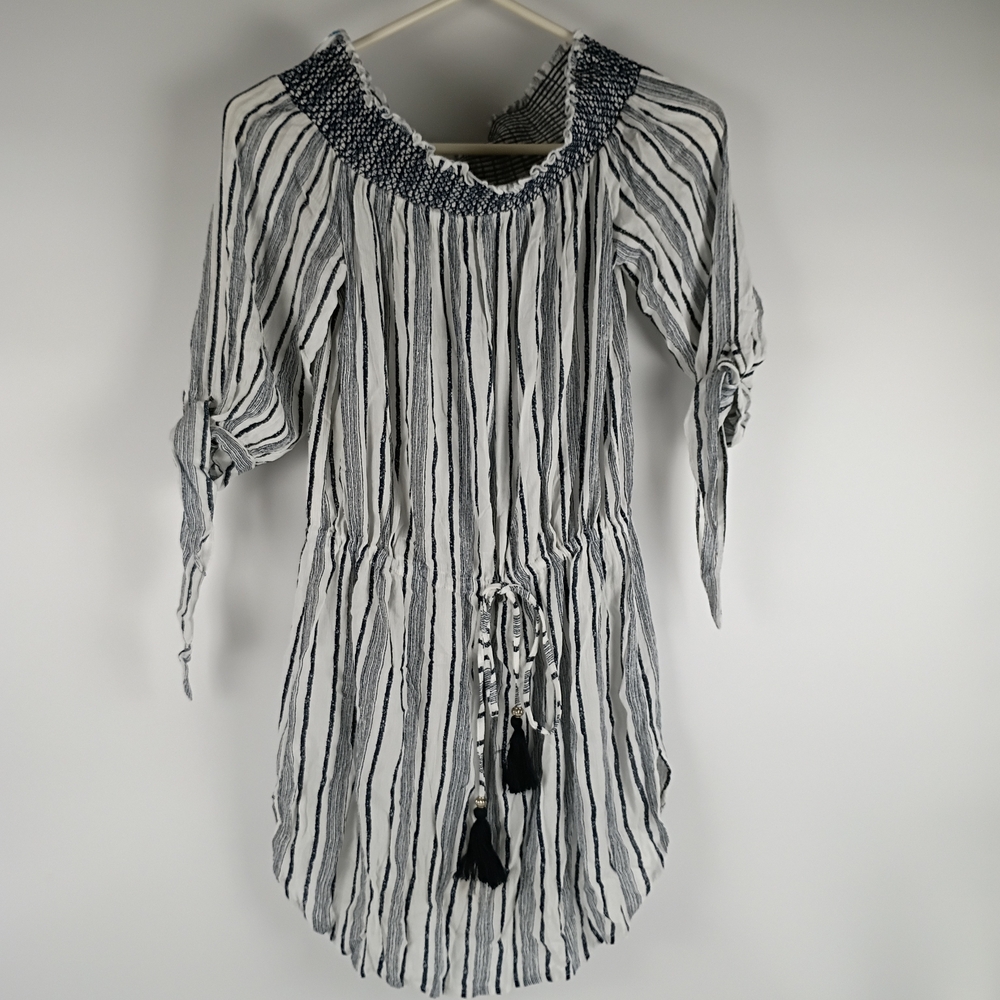 Spring/Summer blue island Black & White Striped Off-Shoulder Tie-Waist Dress